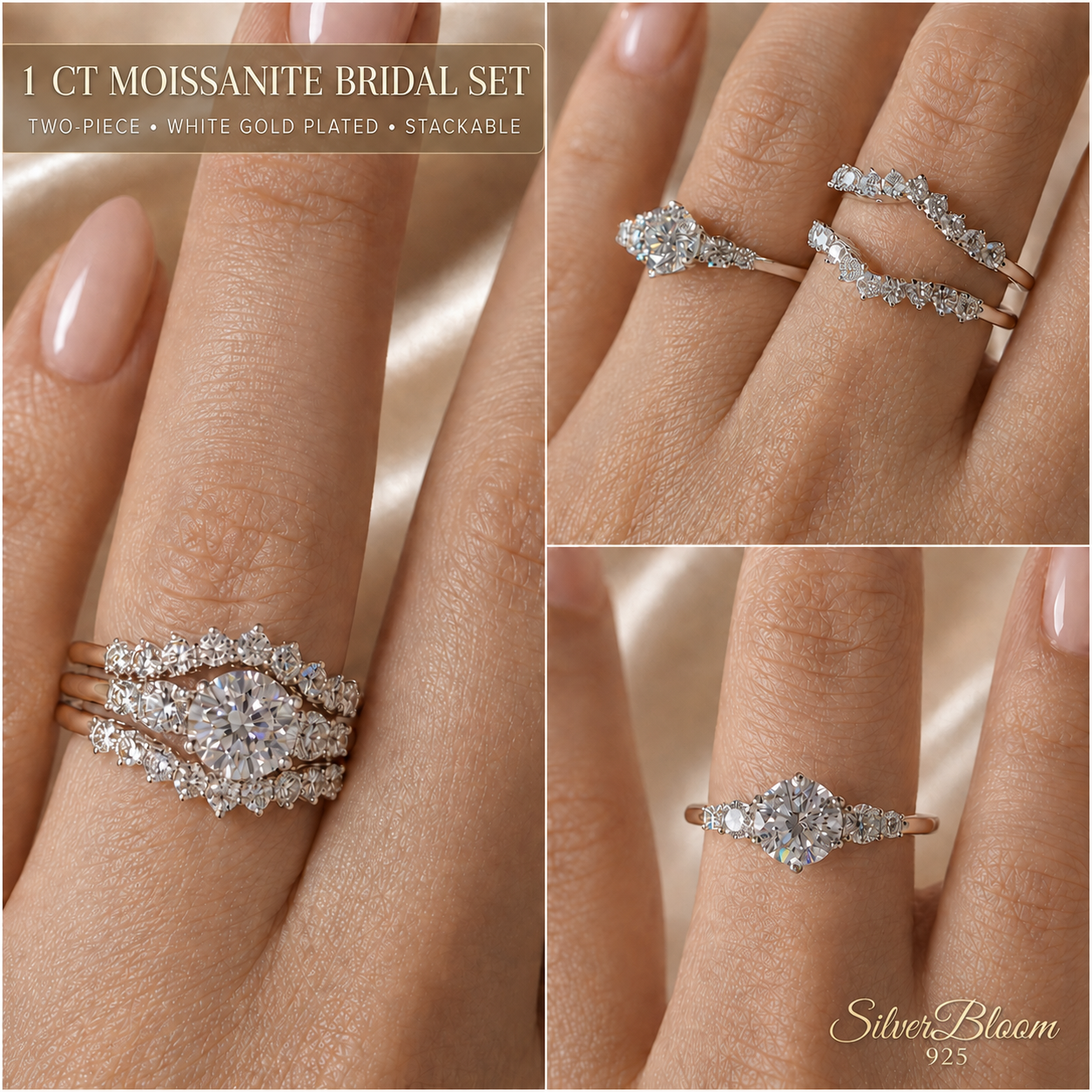 SilverBloom 925 Everlasting 1 CT Moissanite Two-Piece Bridal Ring Set – Stackable