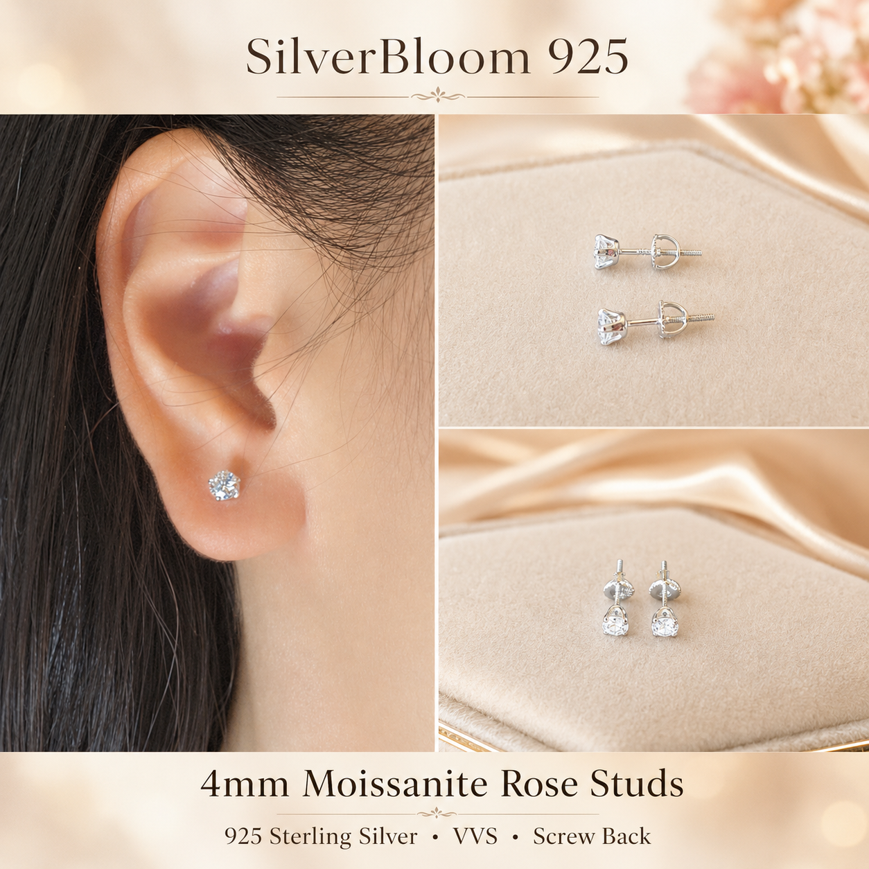 SilverBloom 925 Rose Bloom 4mm Moissanite Stud Earrings – Sterling Silver, Screw Back