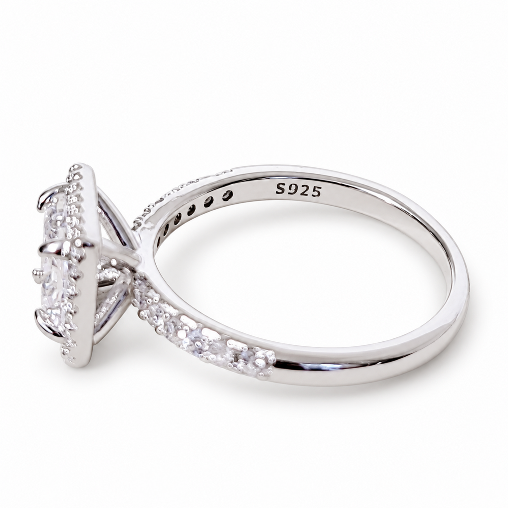 SilverBloom 925 Princess-Cut Halo Cubic Zirconia Sterling Silver Ring – Size 7