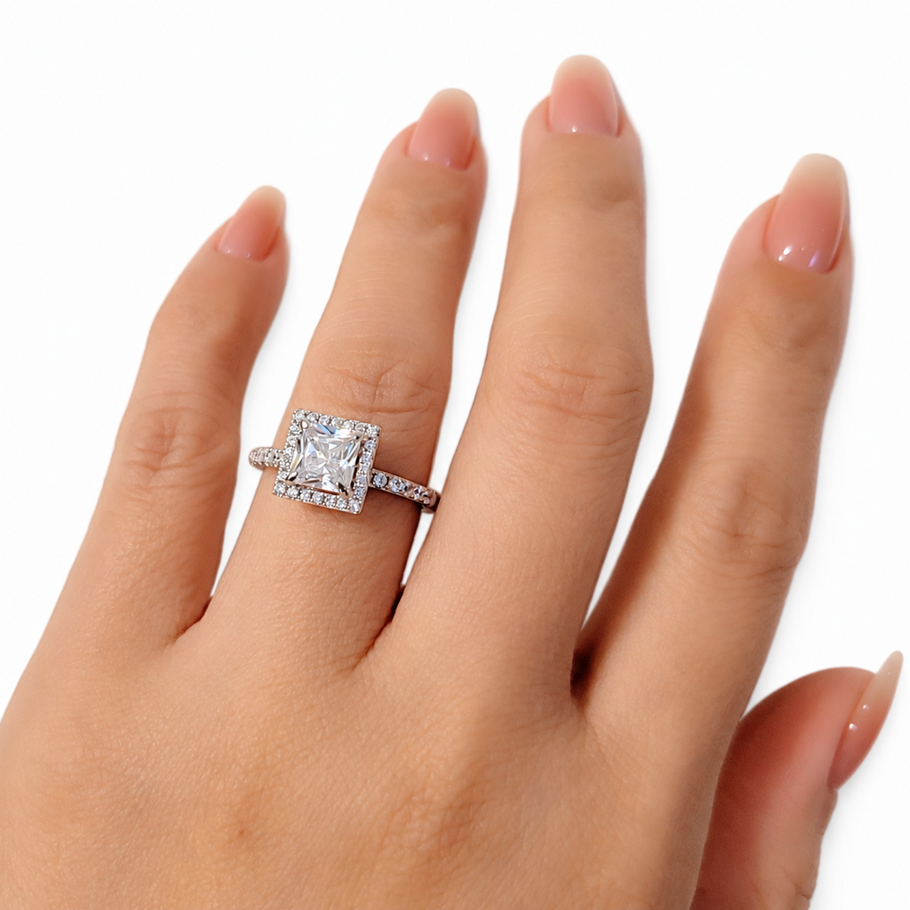 SilverBloom 925 Princess-Cut Halo Cubic Zirconia Sterling Silver Ring – Size 7