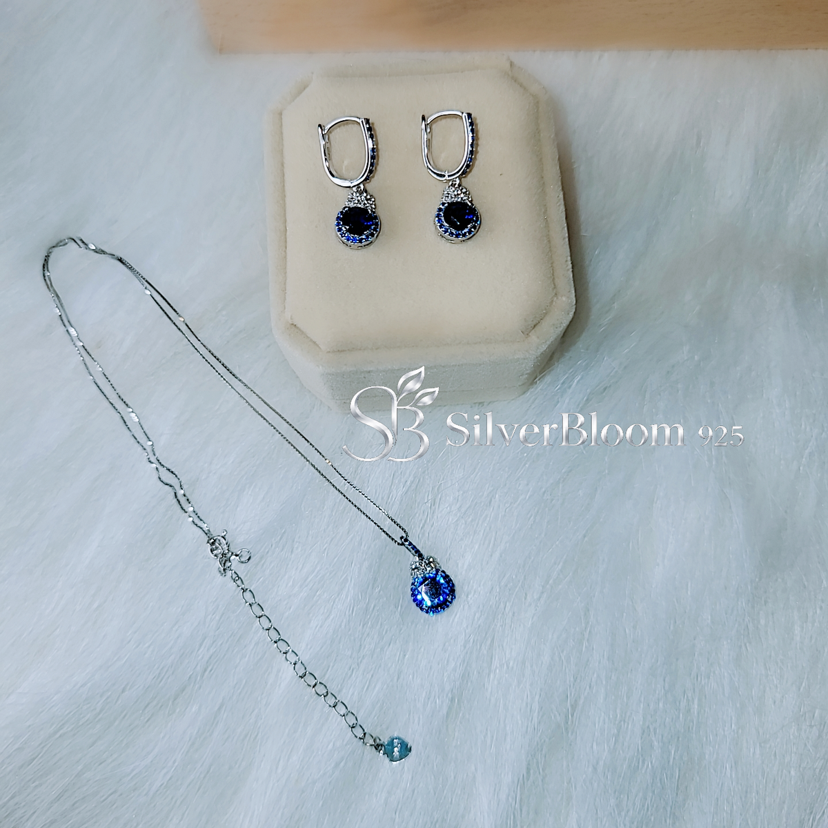 SilverBloom 925 Blue Synthetic Tanzanite & 5A Cubic Zirconia Necklace and Earrings Set