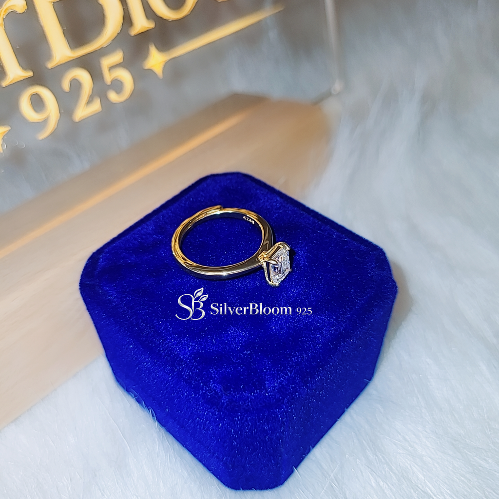 SilverBloom 925 Adjustable Emerald Cut Moissanite Solitaire Ring – 14K Gold Plated Sterling Silver