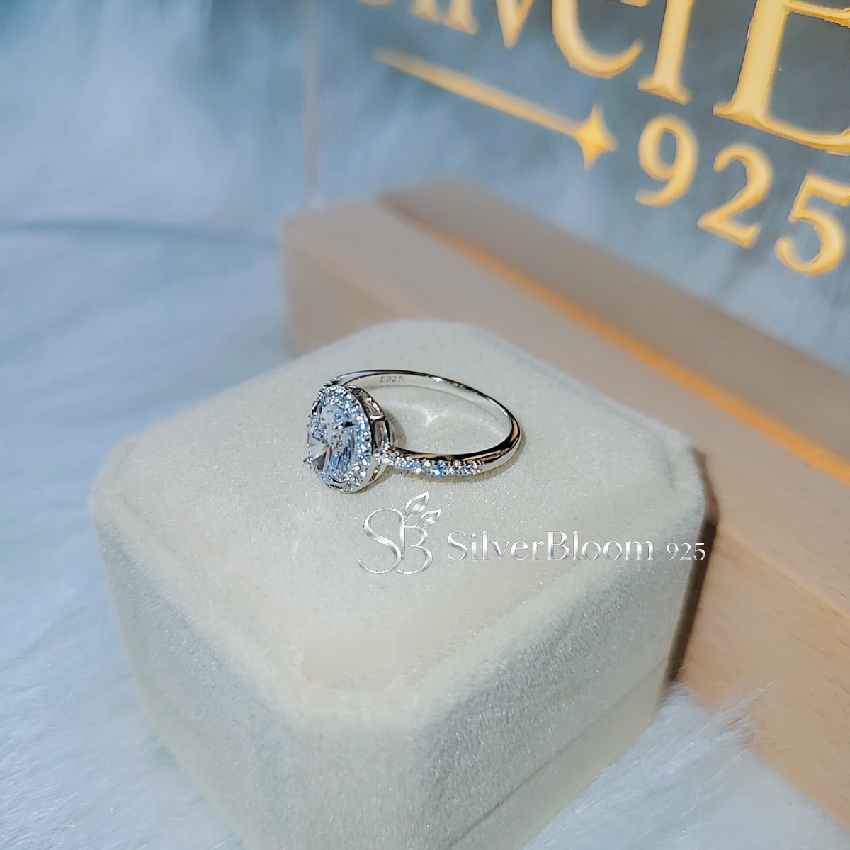 SilverBloom 925 Oval-Cut Cubic Zirconia Halo Ring with Pavé Band – Size 8