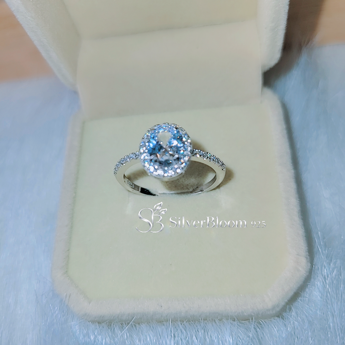 SilverBloom 925 Oval-Cut Cubic Zirconia Halo Ring with Pavé Band – Size 8
