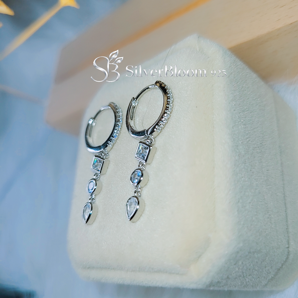 SilverBloom 925 Round-Cut Cubic Zirconia Long Drop Huggie Earrings