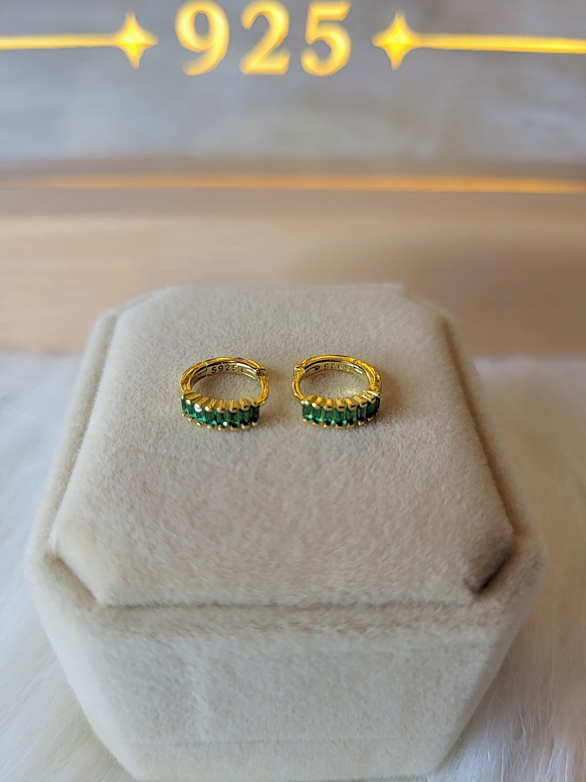 SilverBloom 925 Green CZ Huggie Earrings – Silver & 18K Gold Plated
