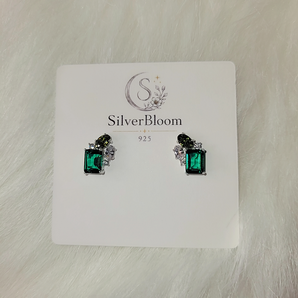 SilverBloom 925 Emerald-Cut Green Cubic Zirconia Stud Earrings – Rhodium Plated