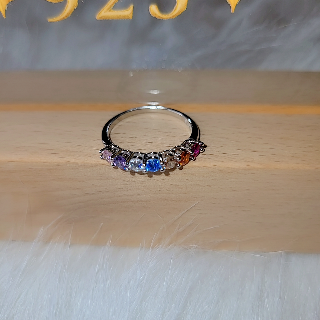 SilverBloom 925 Rainbow Cubic Zirconia Band Ring – Rhodium-Plated Sterling Silver, Size 8