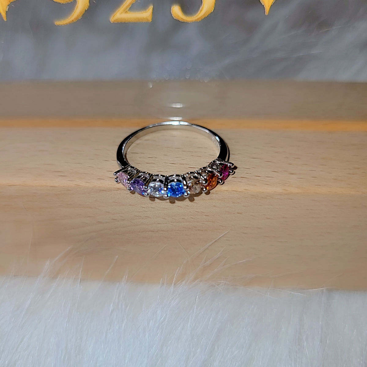 SilverBloom 925 Rainbow Cubic Zirconia Band Ring – Rhodium-Plated Sterling Silver, Size 8