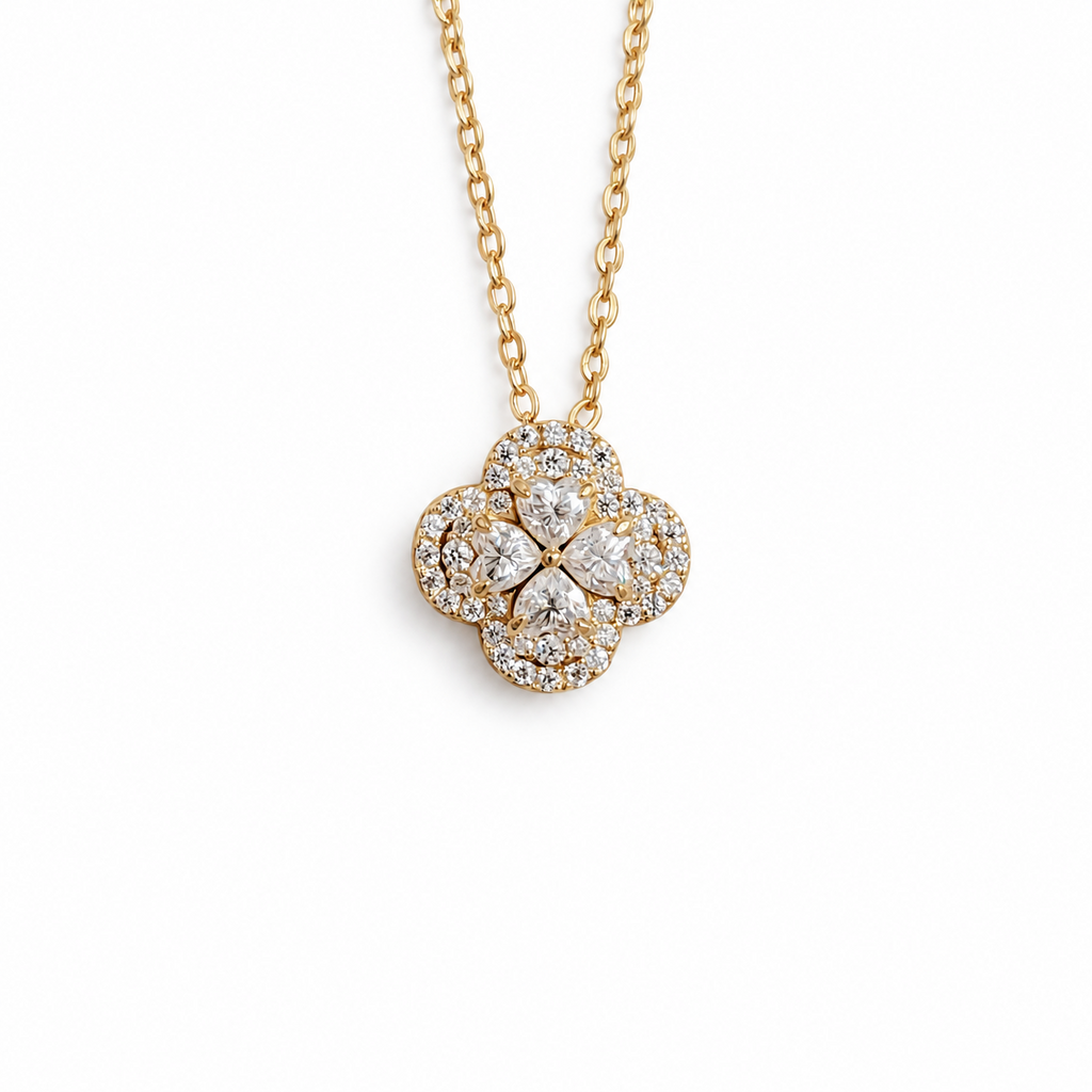 SilverBloom 925 Four-Leaf Clover 0.10ct D VVS1 Moissanite 14K Gold Plated Sterling Silver Necklace