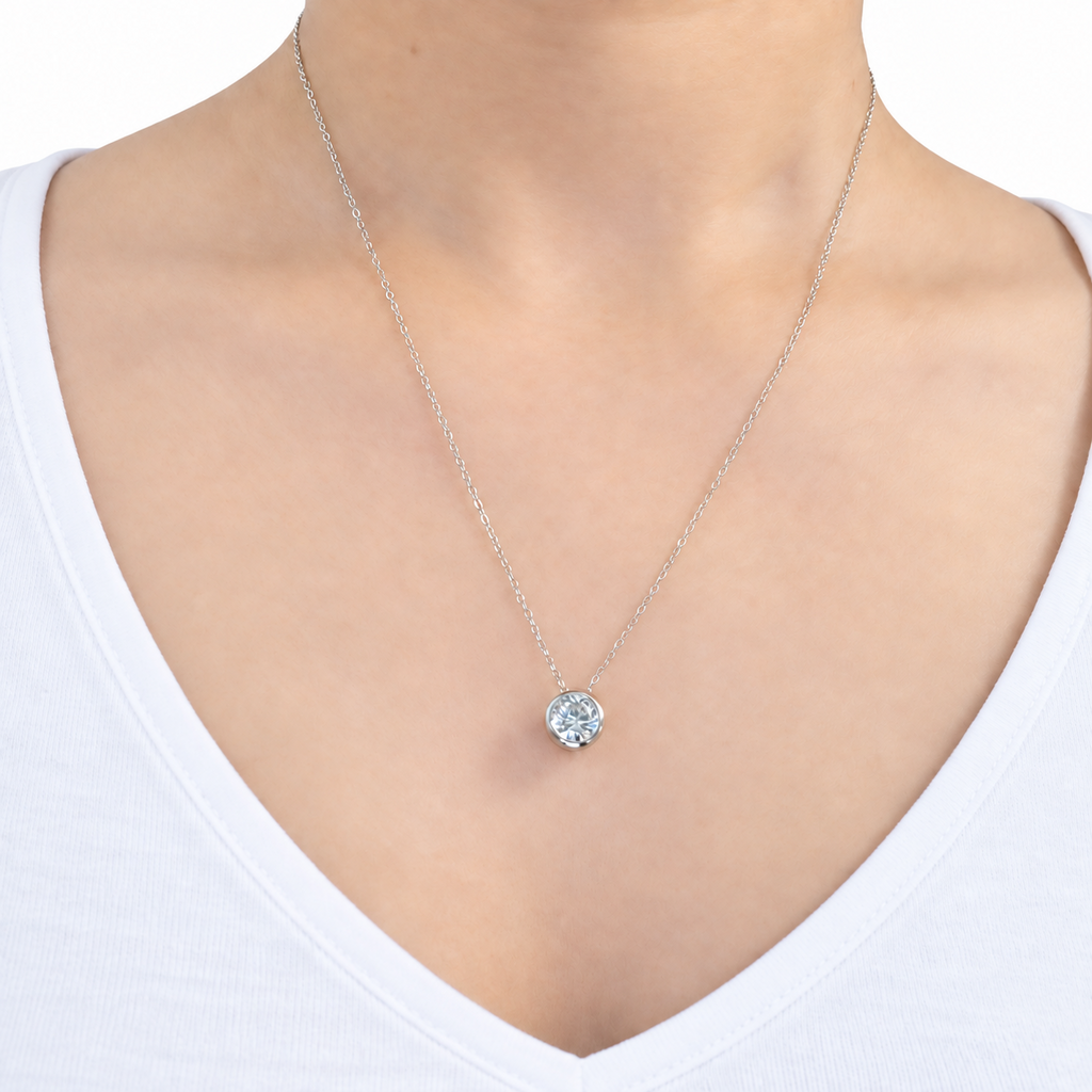 SilverBloom 925 1 CT Round Moissanite Pendant Necklace – Rhodium-Plated Sterling Silver