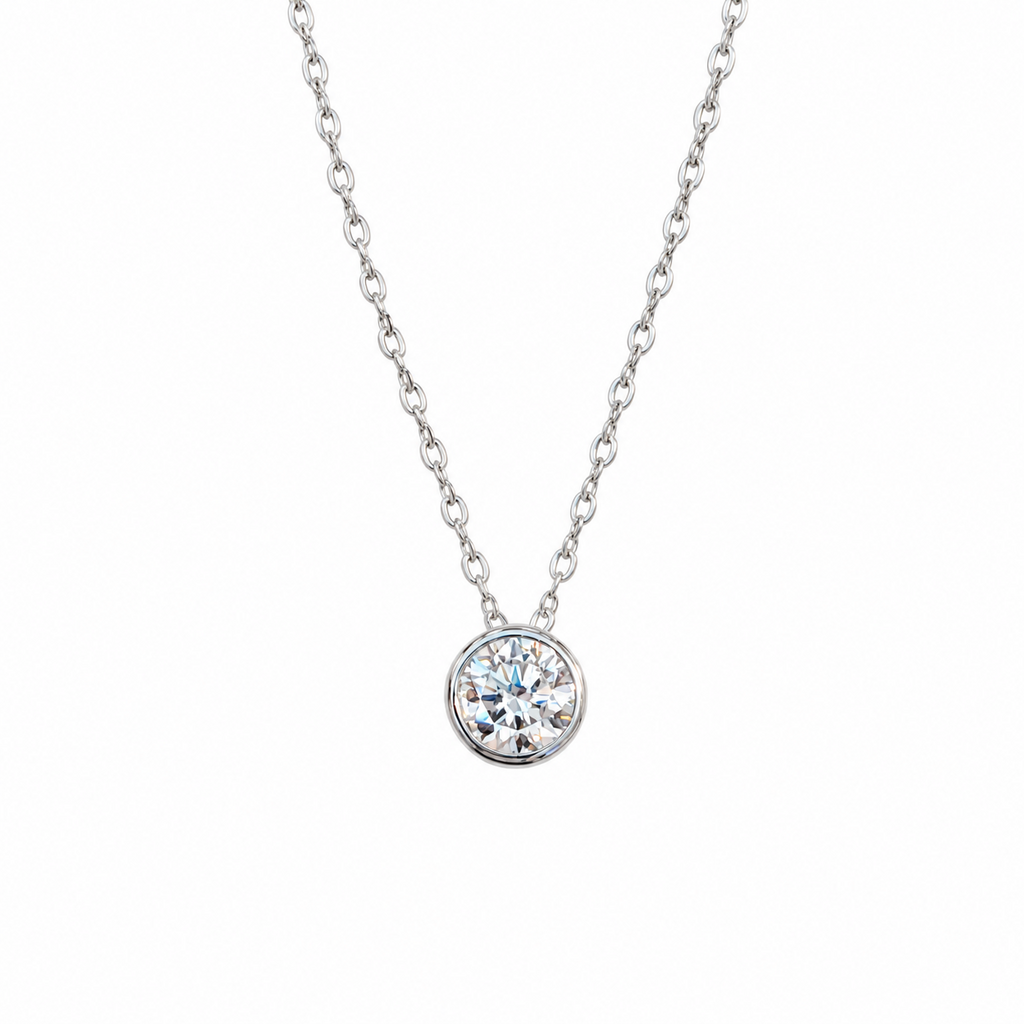 SilverBloom 925 1 CT Round Moissanite Pendant Necklace – Rhodium-Plated Sterling Silver
