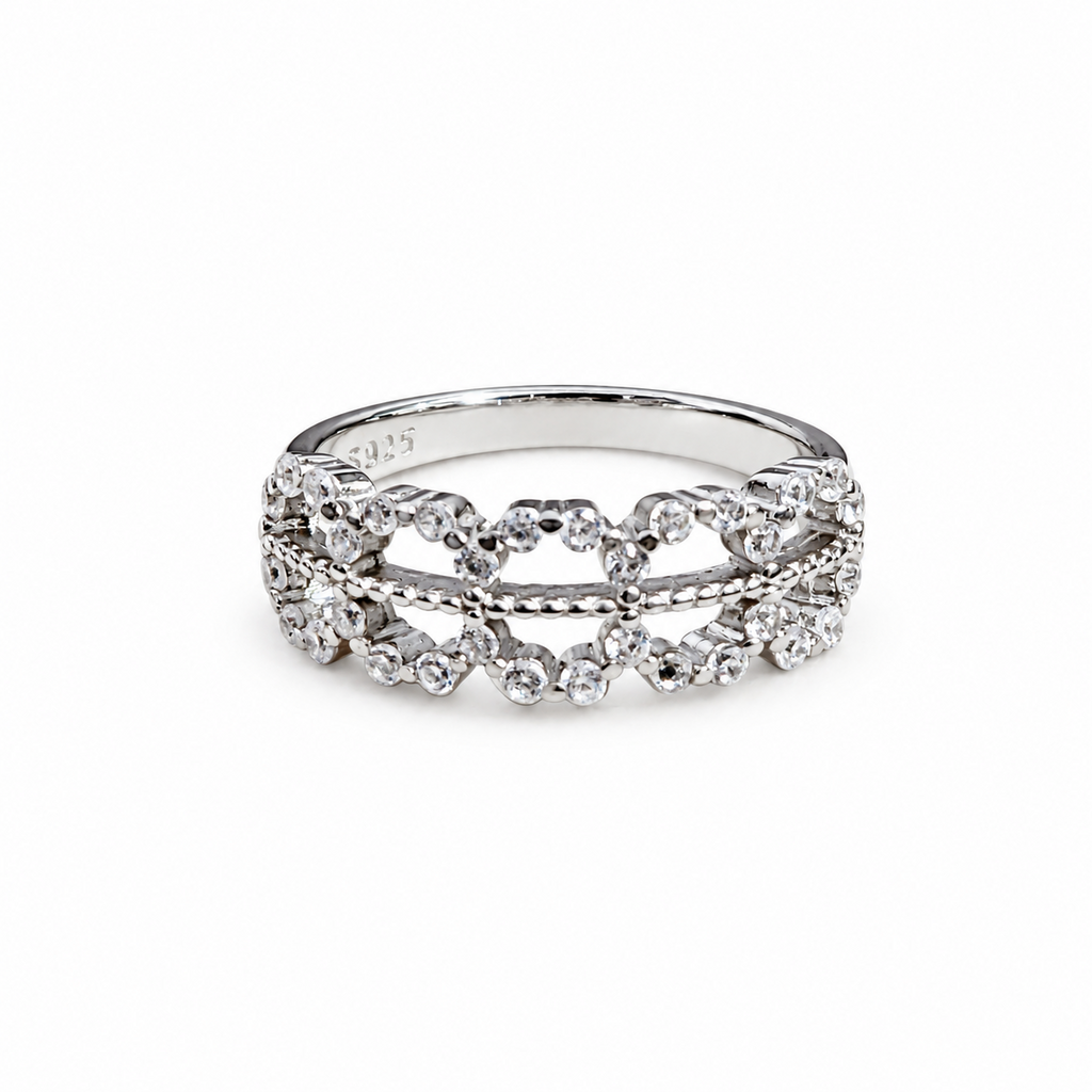 S925 Sterling Silver CZ Scalloped Openwork Band Ring – Size 7
