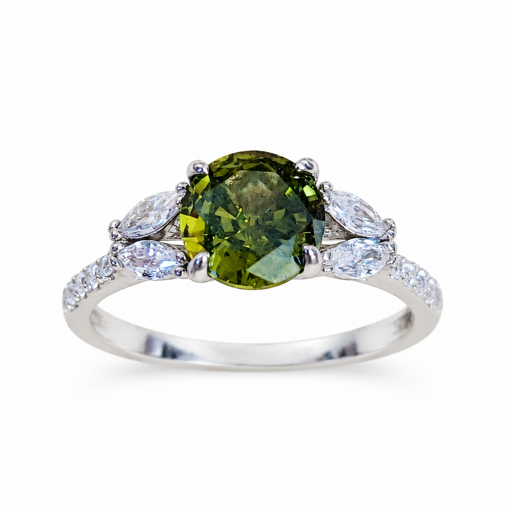 SilverBloom 925 Olive Green Round-Cut Cubic Zirconia Sterling Silver Ring – Size 8