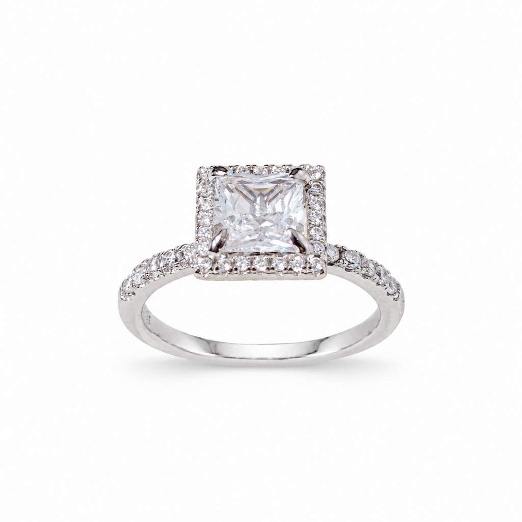 SilverBloom 925 Princess-Cut Halo Cubic Zirconia Sterling Silver Ring – Size 7
