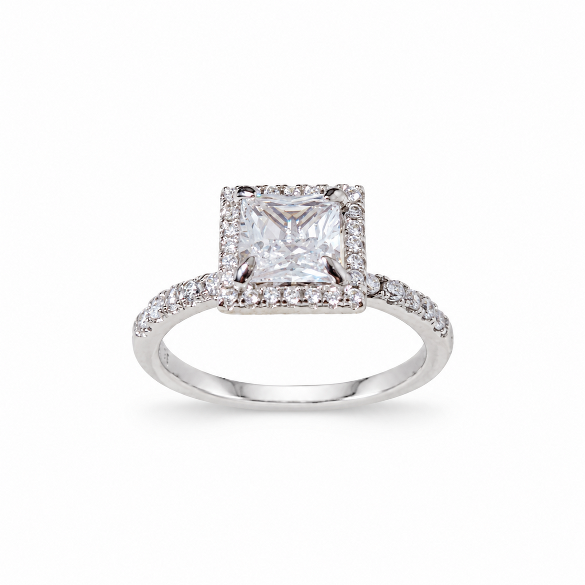 SilverBloom 925 Princess-Cut Halo Cubic Zirconia Sterling Silver Ring – Size 7