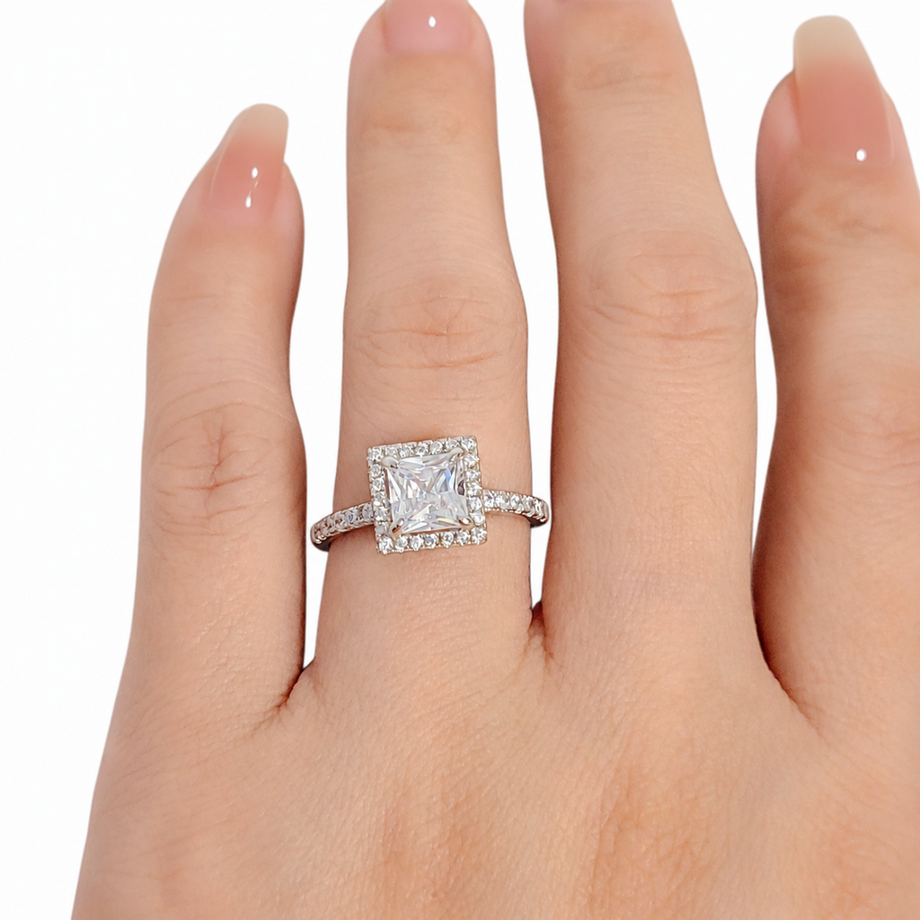 SilverBloom 925 Princess-Cut Halo Cubic Zirconia Sterling Silver Ring – Size 7