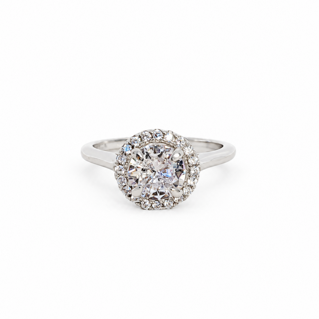 SilverBloom 925 Round Cubic Zirconia Floral Halo Ring – Size 8