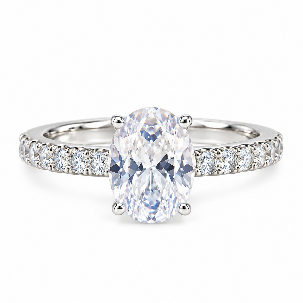 SilverBloom 925 Oval-Cut Cubic Zirconia Solitaire Ring with Pavé Band – Size 8