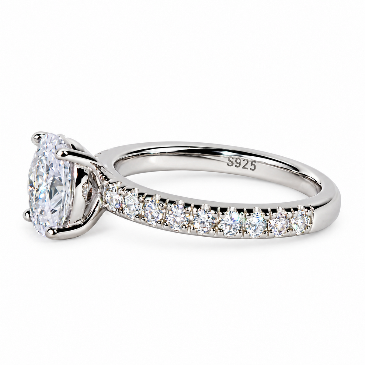 SilverBloom 925 Oval-Cut Cubic Zirconia Solitaire Ring with Pavé Band – Size 8