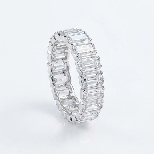 SilverBloom 925 Emerald Cut Moissanite Eternity Band Ring – Rhodium-Plated Sterling Silver, Size 8