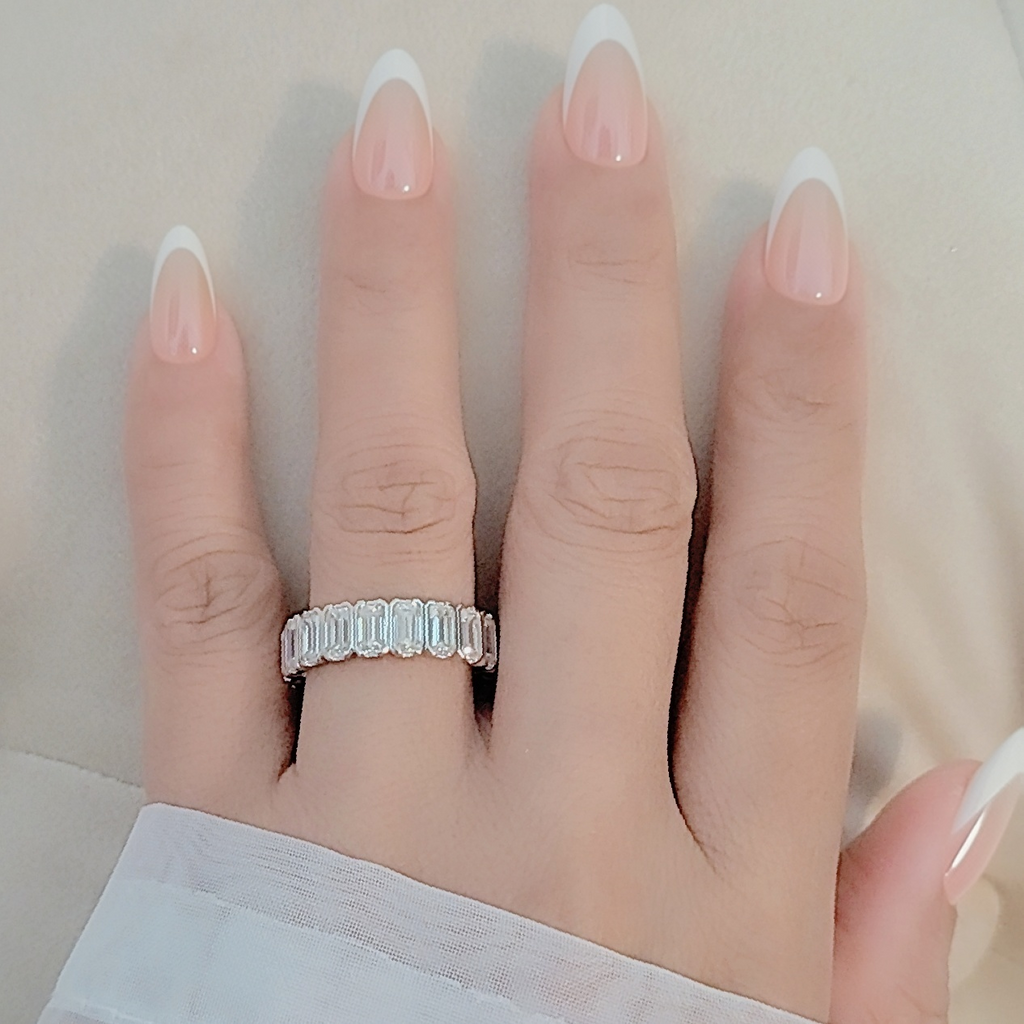 SilverBloom 925 Emerald Cut Moissanite Eternity Band Ring – Rhodium-Plated Sterling Silver, Size 8