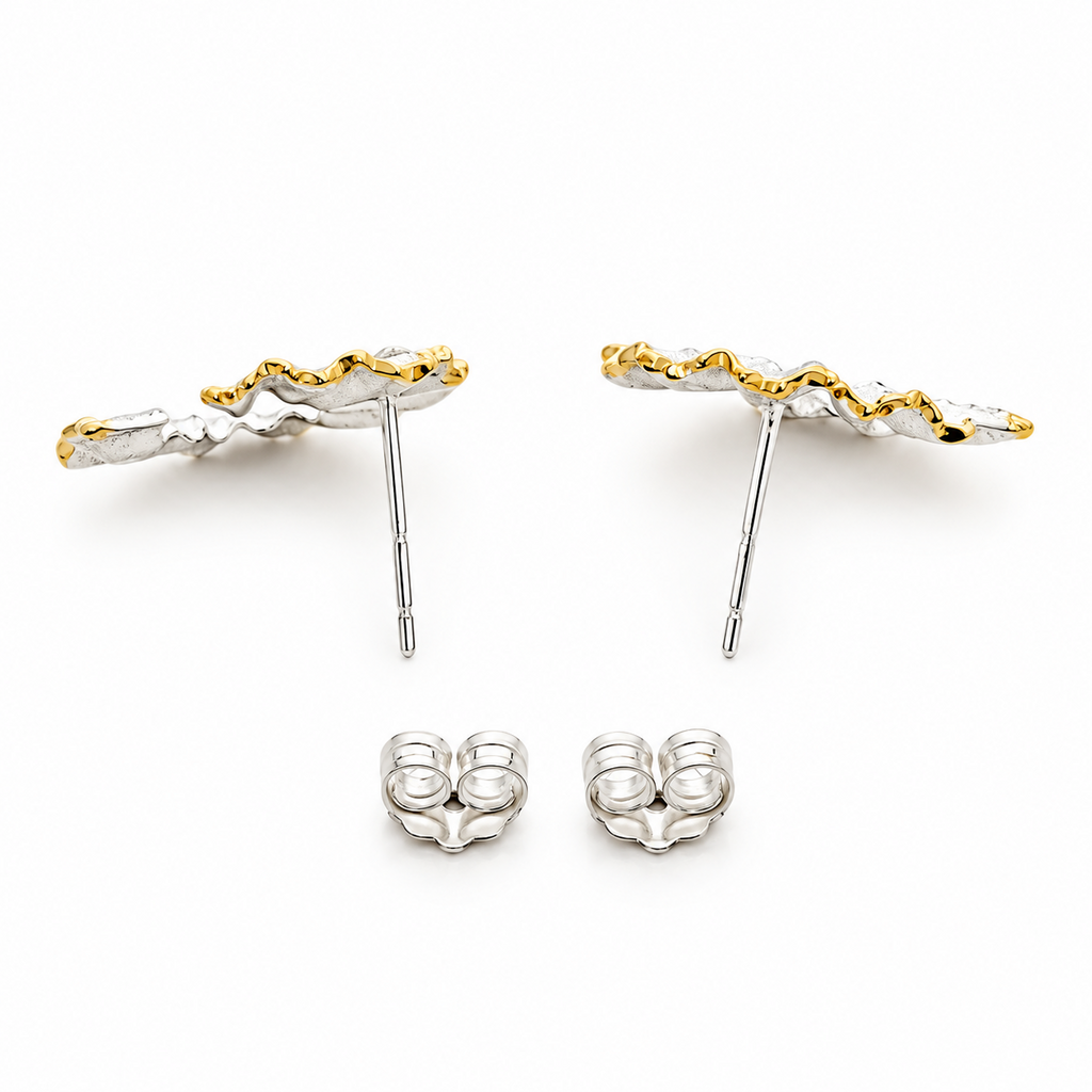 SilverBloom 925 Shavings Stud Earrings – 18K Gold Plated & Sterling Silver