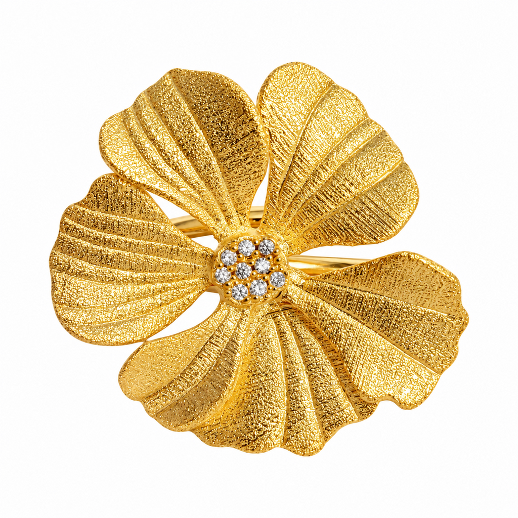 925 Sterling Silver 18K Gold-Plated CZ Textured Flower Adjustable Statement Ring