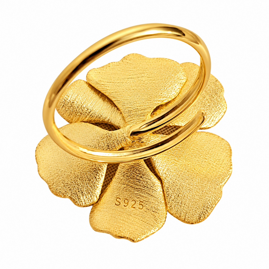 925 Sterling Silver 18K Gold-Plated CZ Textured Flower Adjustable Statement Ring