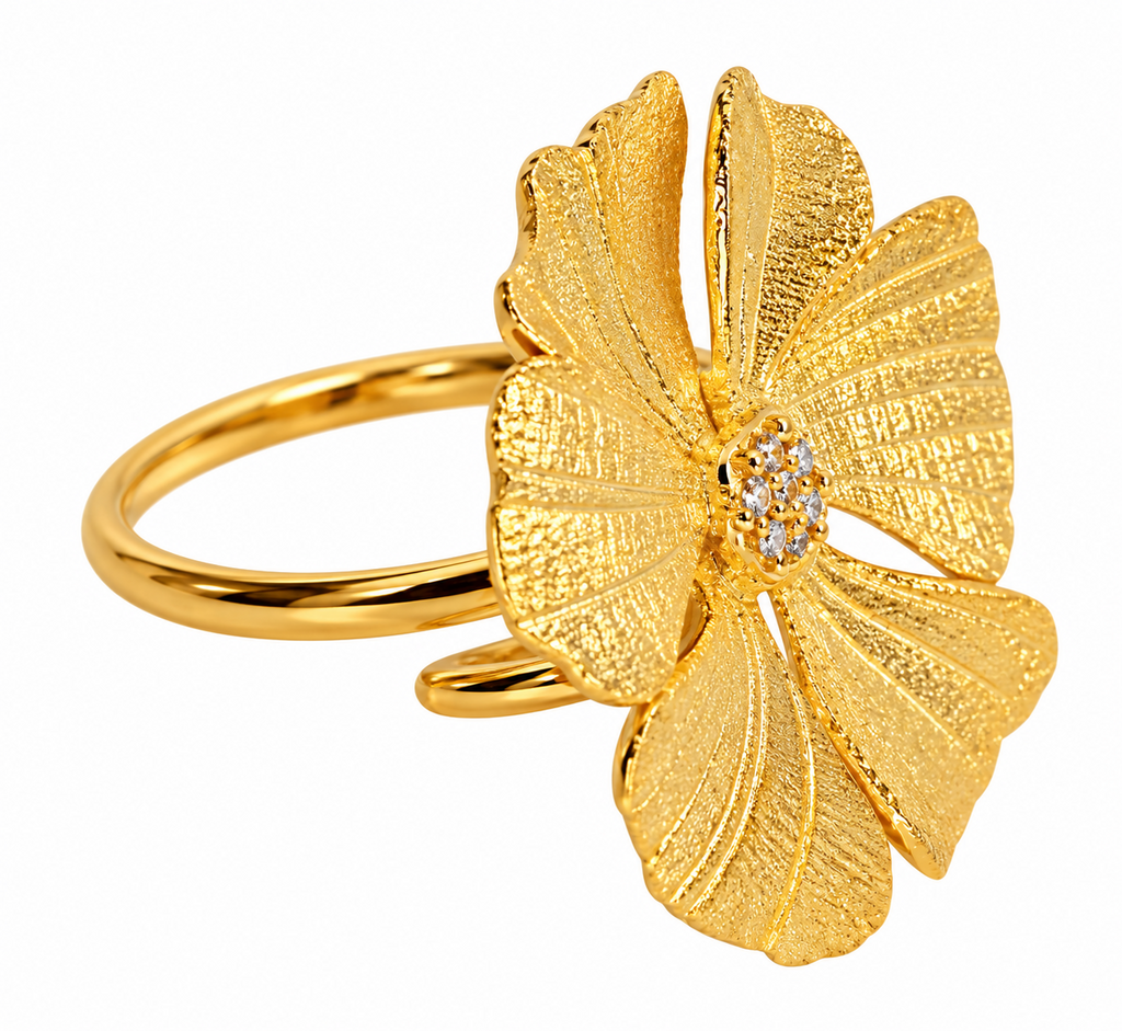 925 Sterling Silver 18K Gold-Plated CZ Textured Flower Adjustable Statement Ring