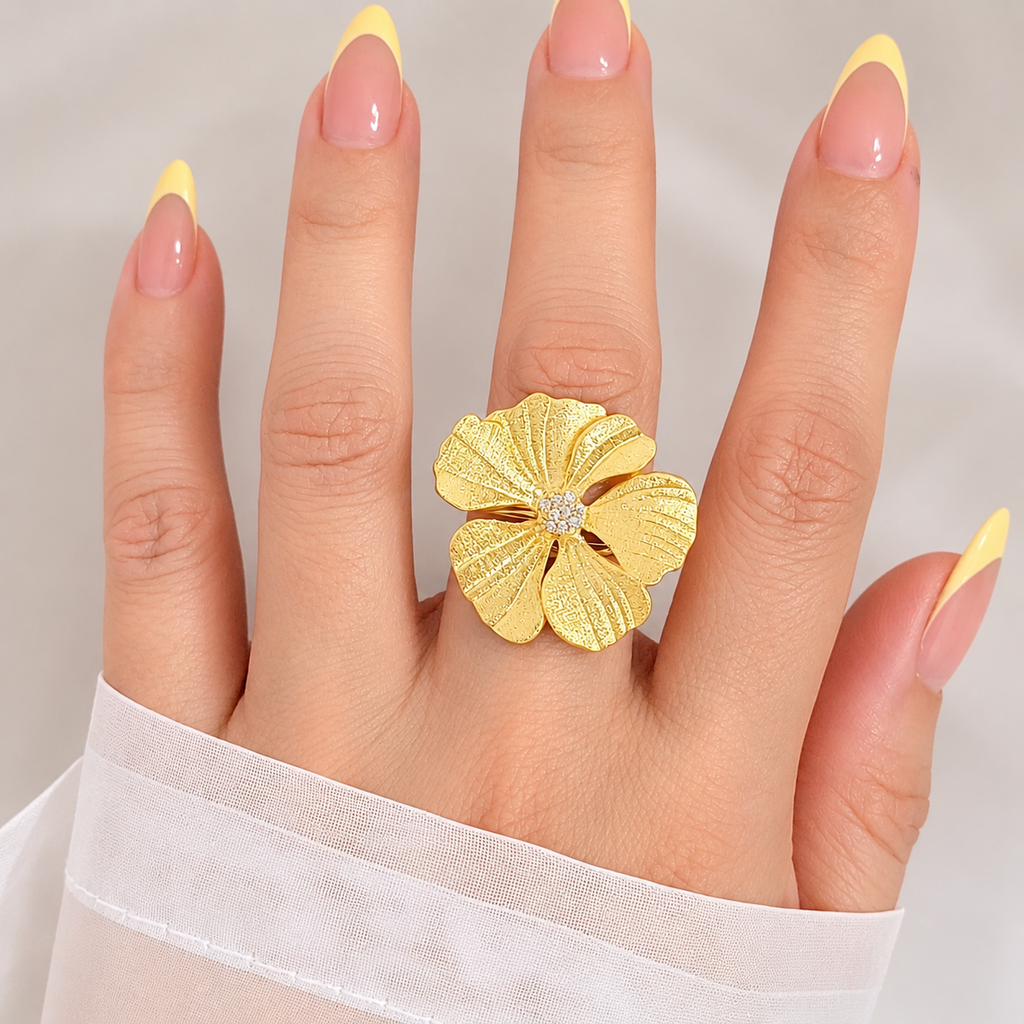 925 Sterling Silver 18K Gold-Plated CZ Textured Flower Adjustable Statement Ring