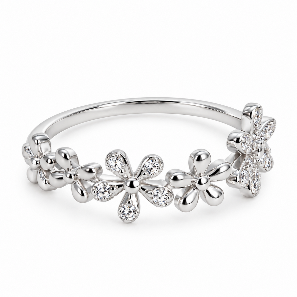 925 Sterling Silver Daisy Flower Cubic Zirconia Band Ring – Size 7