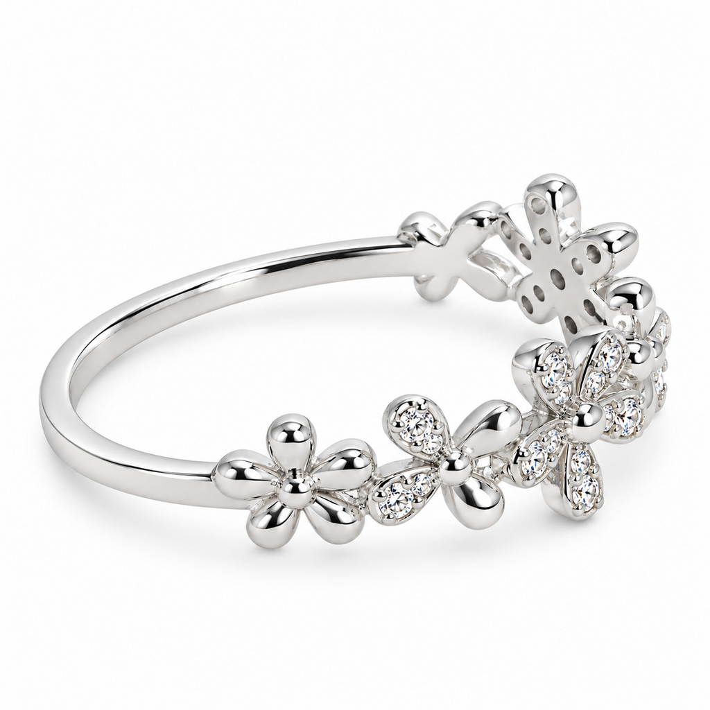 925 Sterling Silver Daisy Flower Cubic Zirconia Band Ring – Size 7