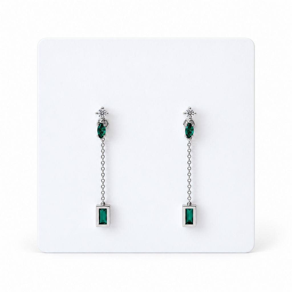 Green Cubic Zirconia Detachable Long Chain Stud Earrings – 925 Sterling Silver
