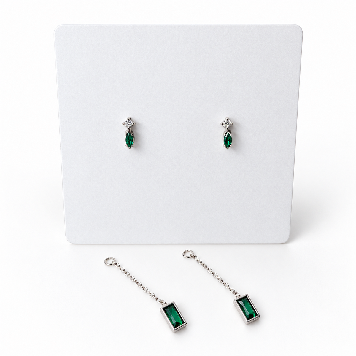 Green Cubic Zirconia Detachable Long Chain Stud Earrings – 925 Sterling Silver