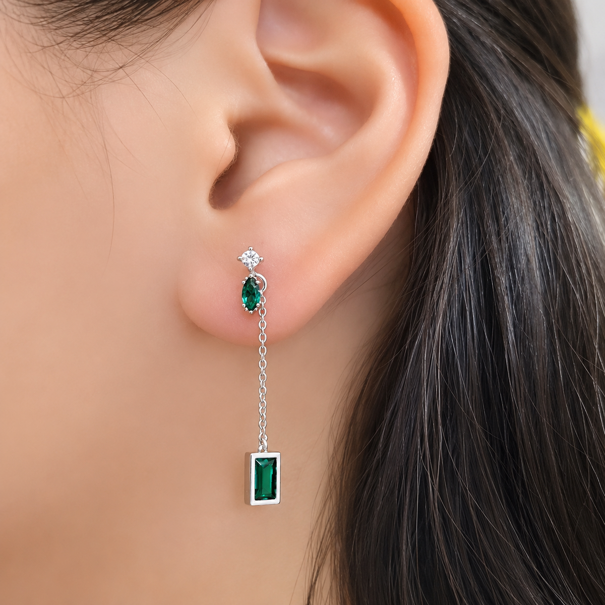 Green Cubic Zirconia Detachable Long Chain Stud Earrings – 925 Sterling Silver