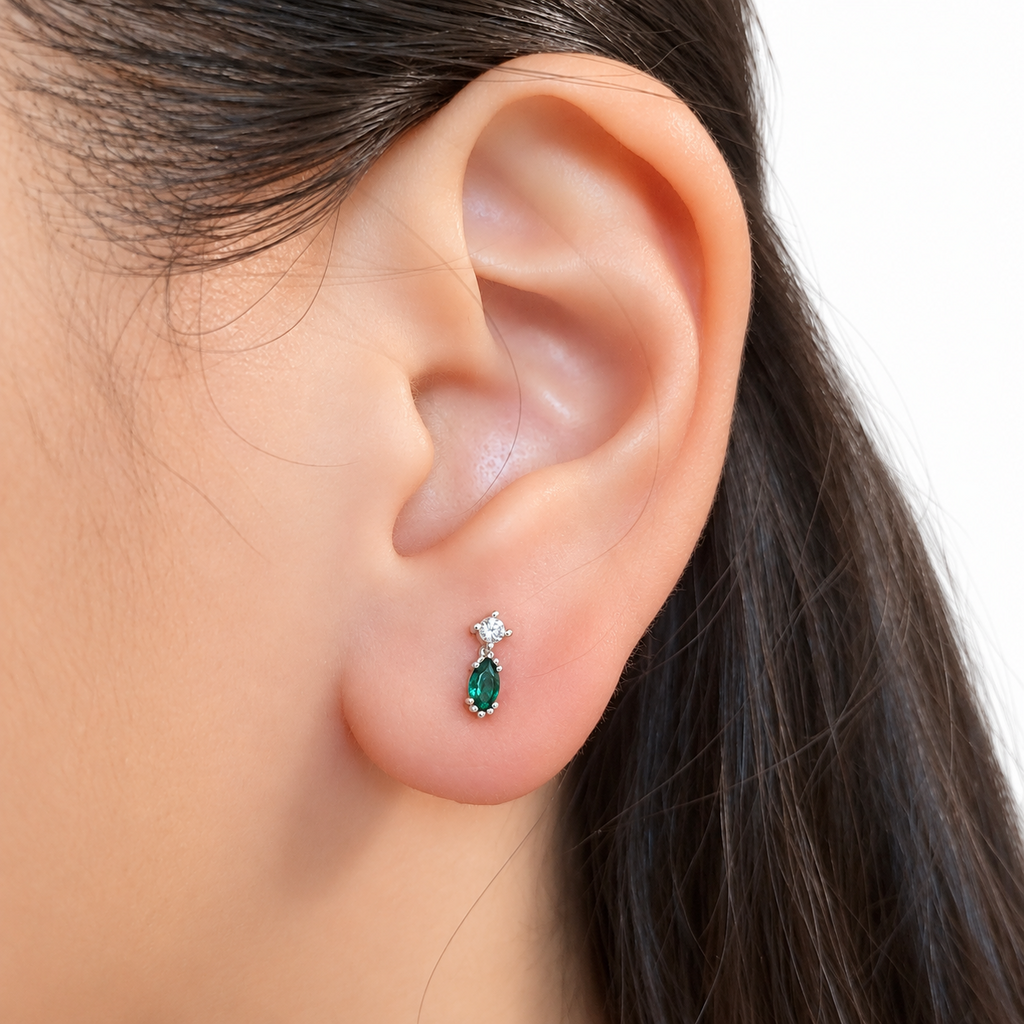 Green Cubic Zirconia Detachable Long Chain Stud Earrings – 925 Sterling Silver