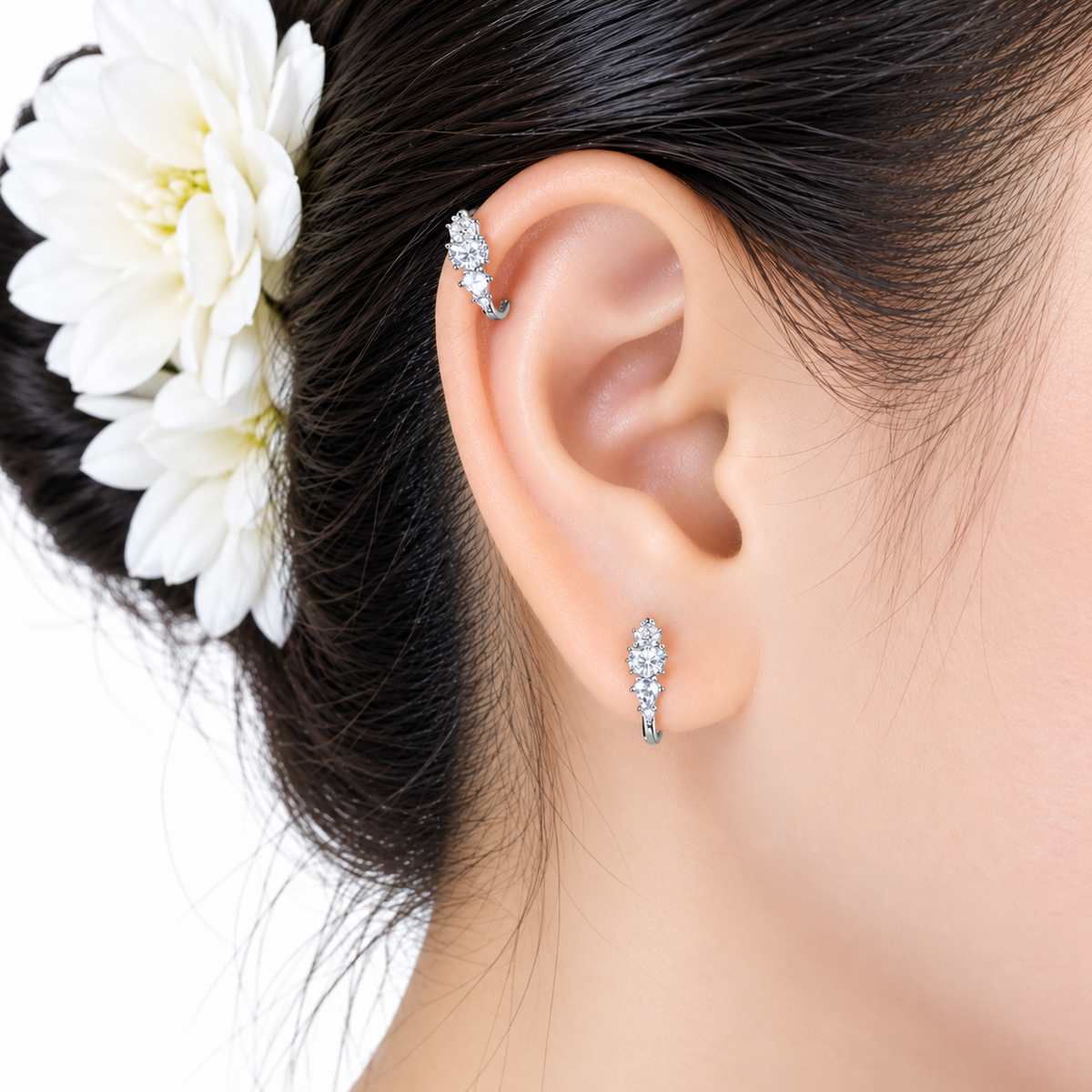 925 Sterling Silver Clear CZ 11.3mm Helix Huggie Hoop Earrings – Silver