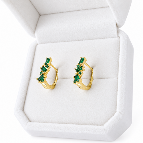 18K Gold Plated 925 Sterling Silver Green CZ Leaf Huggie Earrings