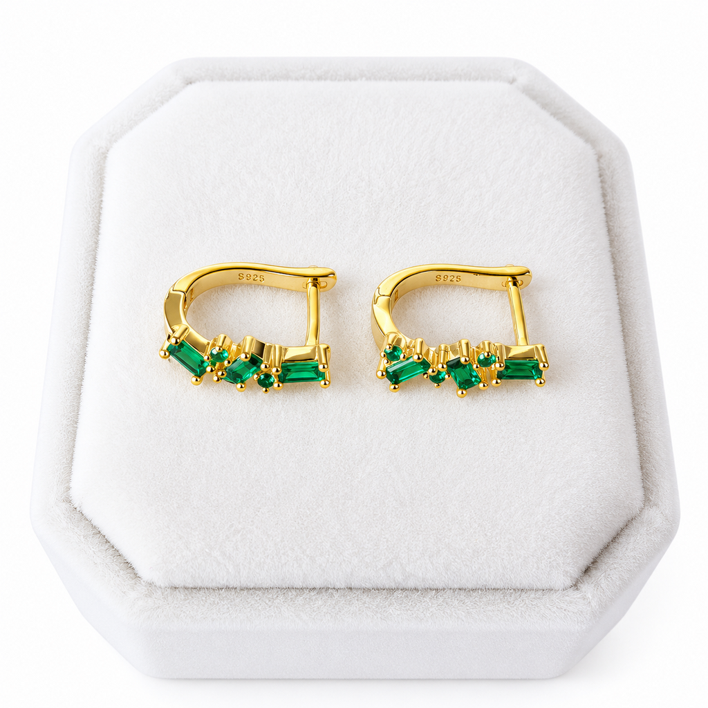 18K Gold Plated 925 Sterling Silver Green CZ Leaf Huggie Earrings