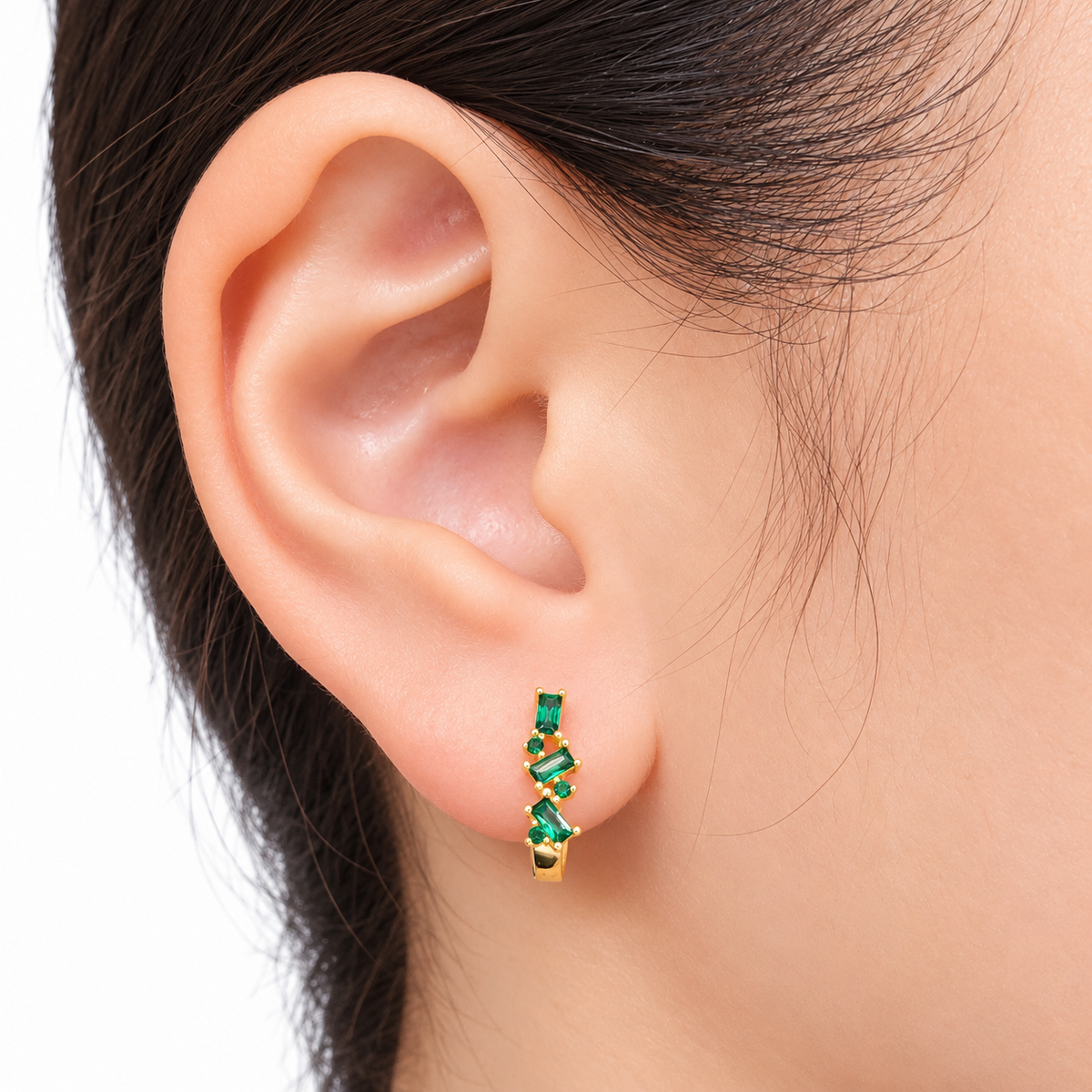 18K Gold Plated 925 Sterling Silver Green CZ Leaf Huggie Earrings