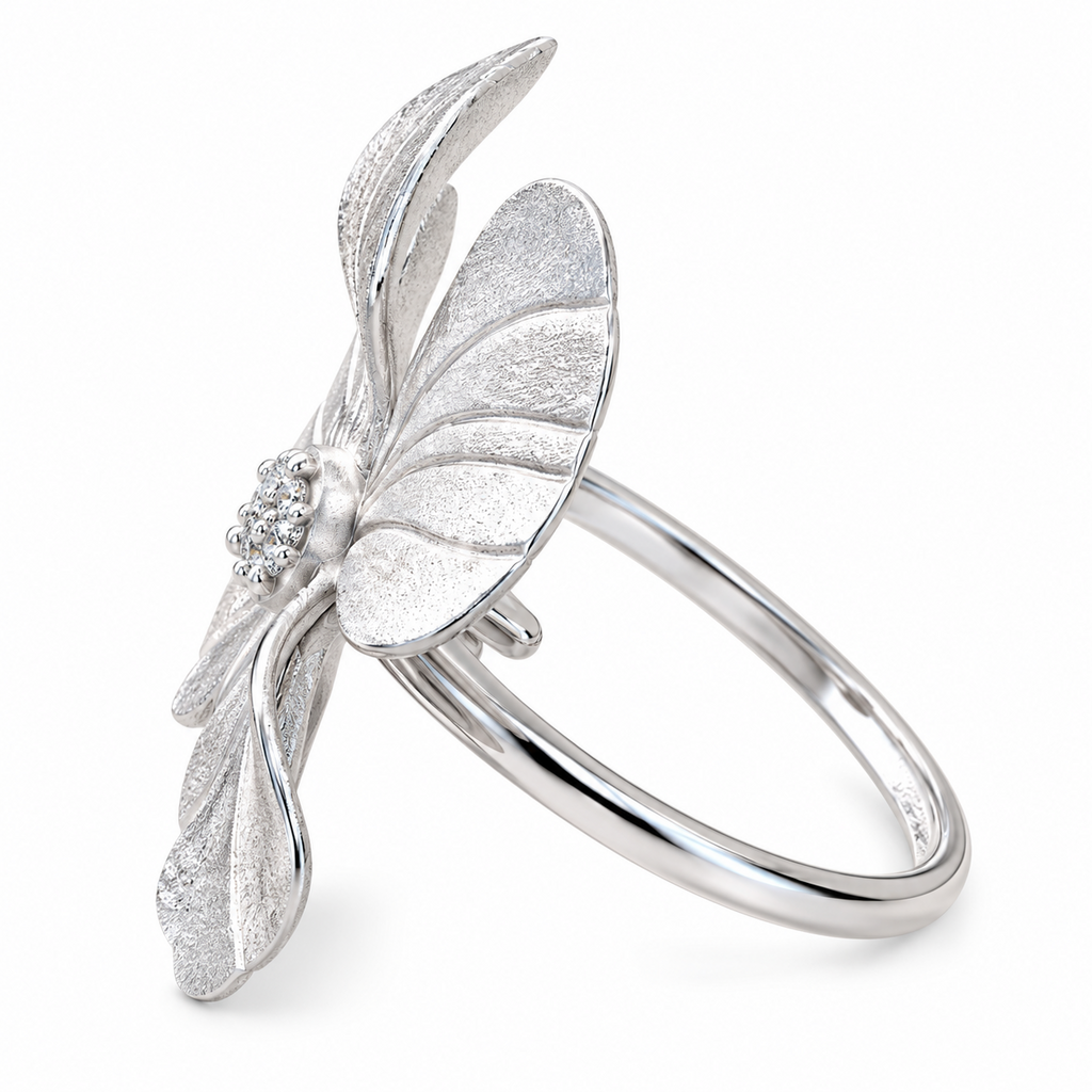 925 Sterling Silver-Plated CZ Textured Flower Adjustable Statement Ring