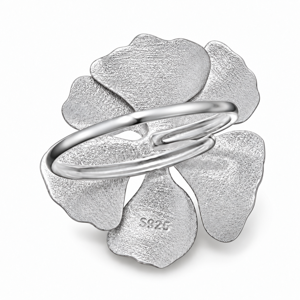 925 Sterling Silver-Plated CZ Textured Flower Adjustable Statement Ring