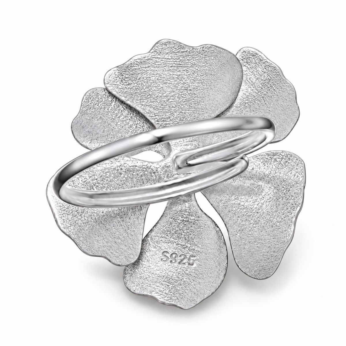 925 Sterling Silver-Plated CZ Textured Flower Adjustable Statement Ring