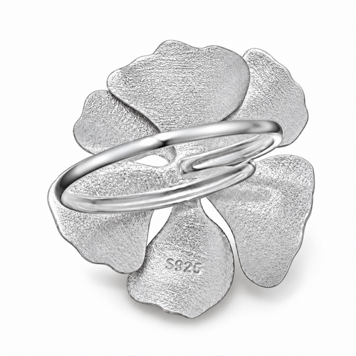 925 Sterling Silver-Plated CZ Textured Flower Adjustable Statement Ring