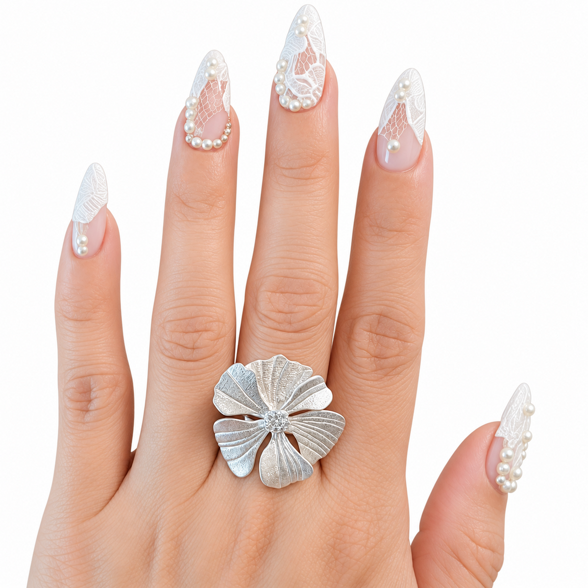 925 Sterling Silver-Plated CZ Textured Flower Adjustable Statement Ring
