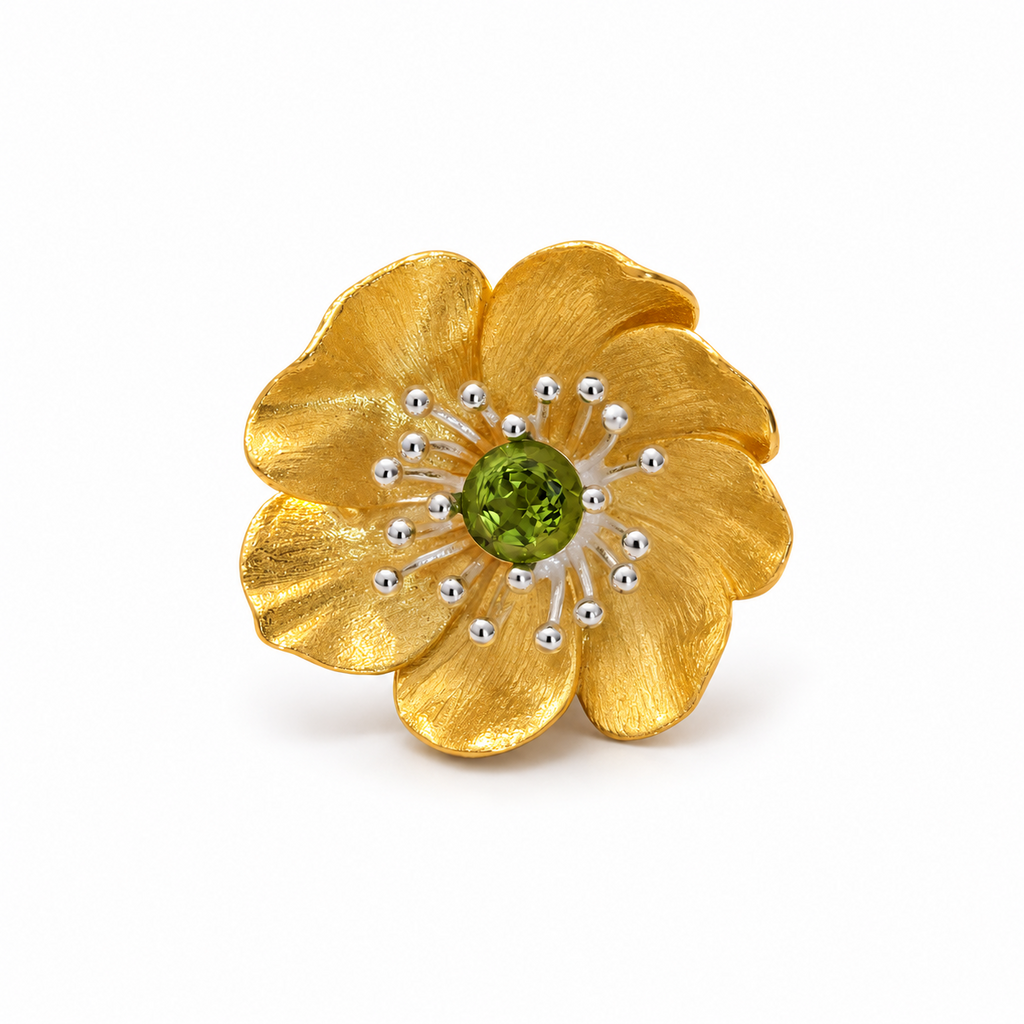 925 Sterling Silver 18K Gold Plated Natural Olivine Floral Adjustable Ring