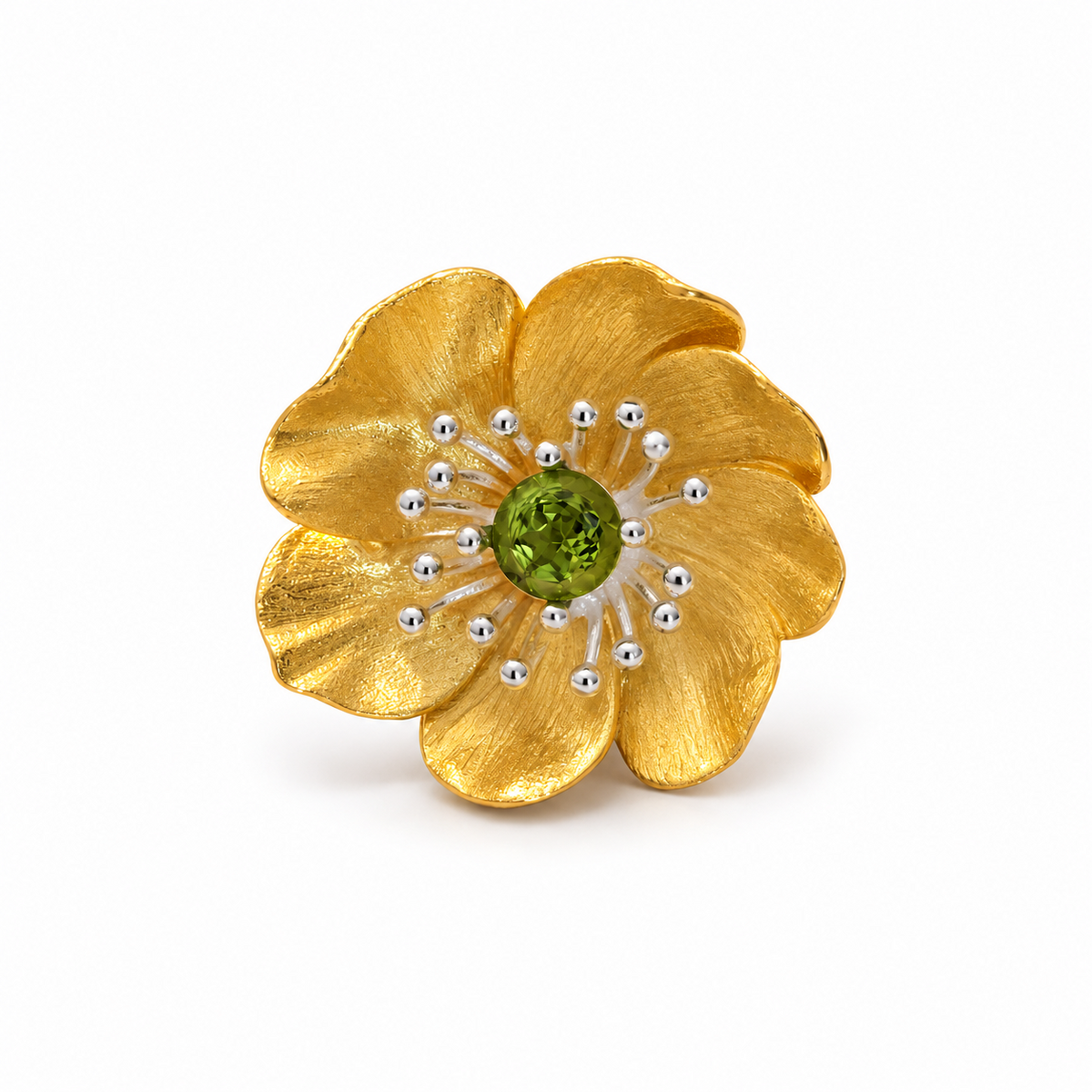 925 Sterling Silver 18K Gold Plated Natural Olivine Floral Adjustable Ring