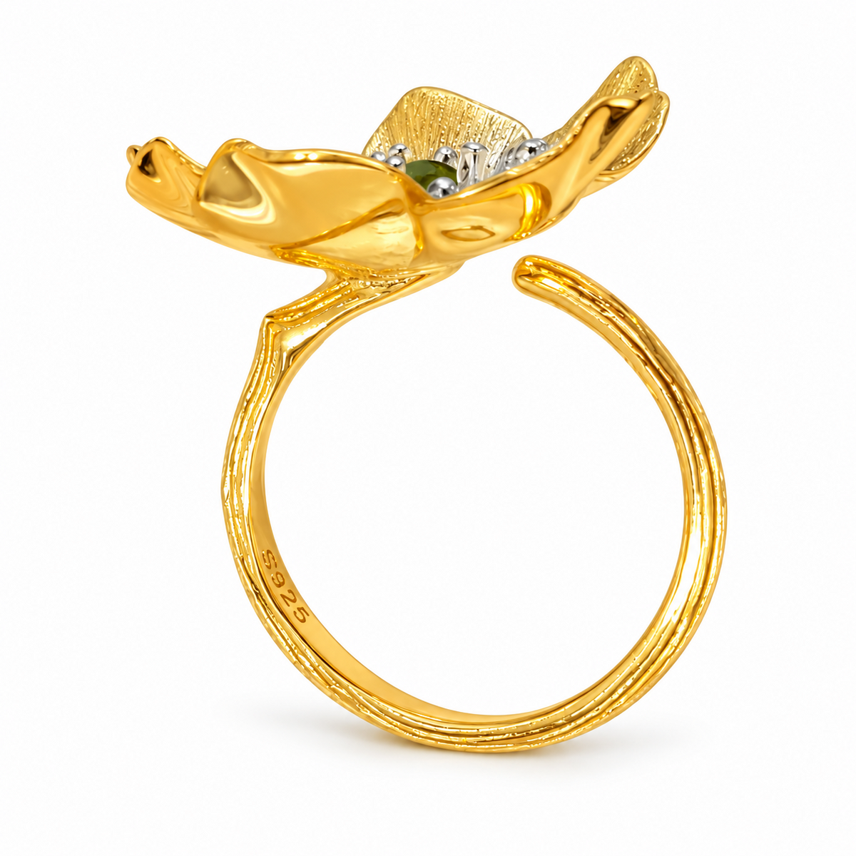 925 Sterling Silver 18K Gold Plated Natural Olivine Floral Adjustable Ring