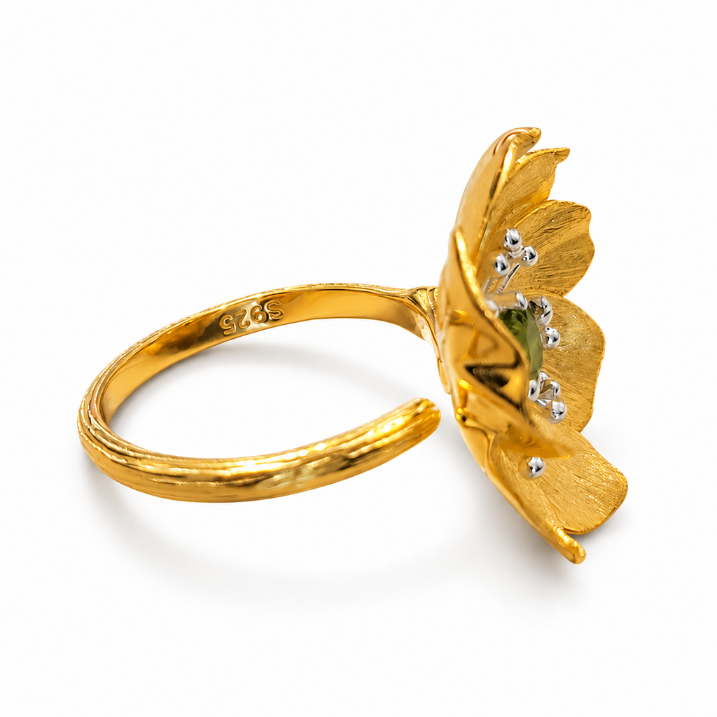 925 Sterling Silver 18K Gold Plated Natural Olivine Floral Adjustable Ring